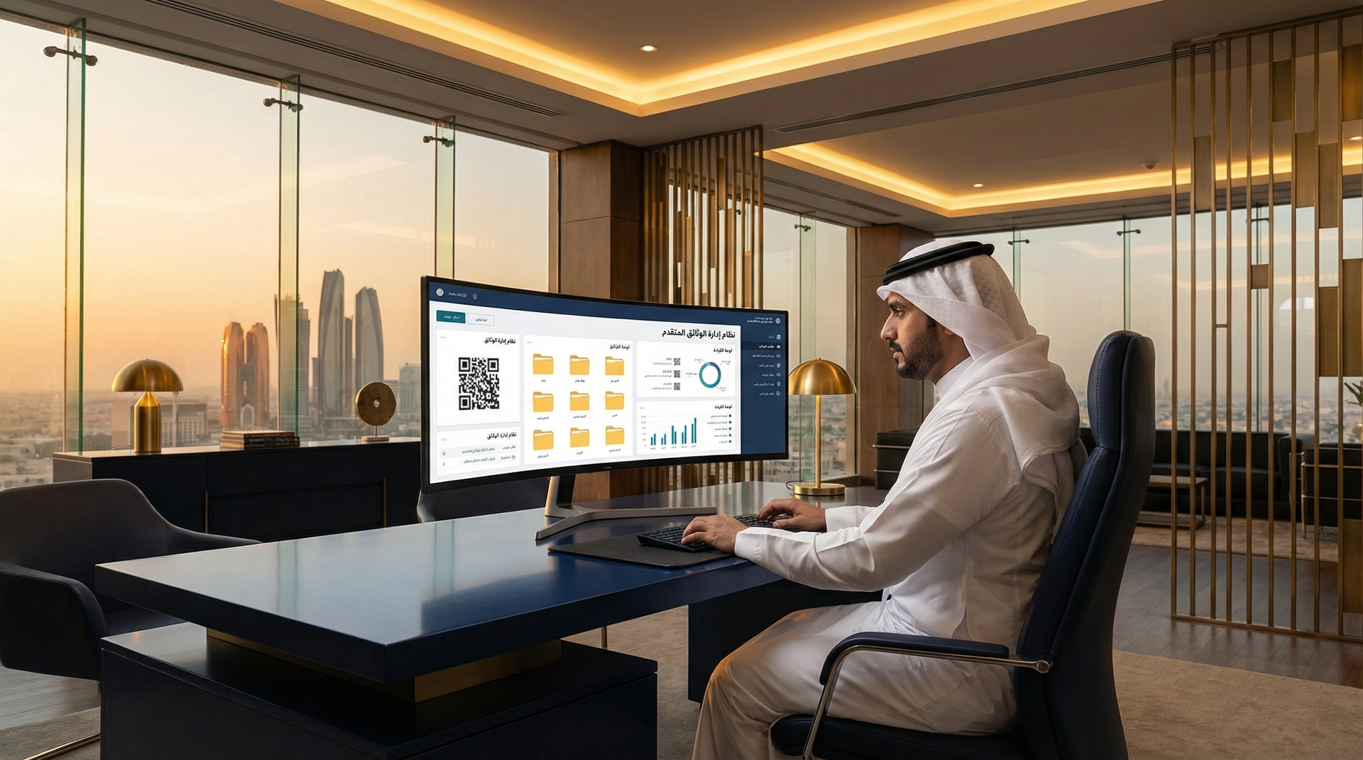 مدير سعودي يستخدم نظام DOCCB في مكتب حديث بالرياض